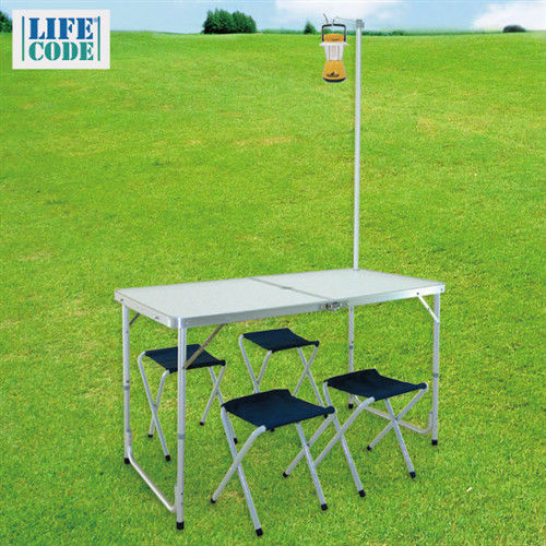 【LIFECODE】007箱型鋁合金折疊桌椅附燈架-內置4張帆布椅-野餐桌/展示桌/休閒桌椅