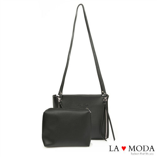 La Moda 品牌專屬系列 側肩子母拉鍊造型托特包(黑)