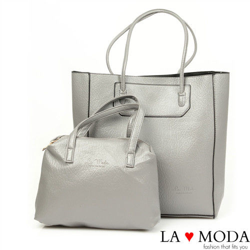 La Moda 品牌專屬系列 精美石頭紋肩背手提子母托特包(灰)