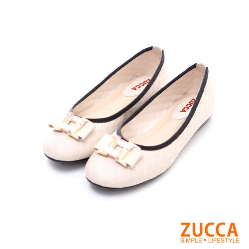 ZUCCA【Z5817WE】亮鑽皮革網格紋平底包鞋-白色