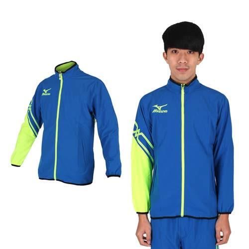 【MIZUNO】男休閒平織外套- 訓練 健身 路跑 風衣外套 美津濃 藍螢光綠