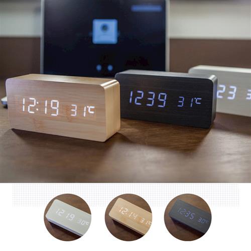 USB 木紋聲控 LED 鬧鈴/溫度 兩用鐘
