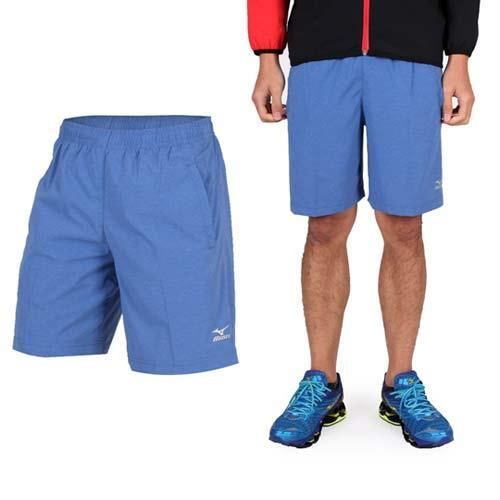 【MIZUNO】男平織短褲- 訓練 慢跑 路跑 風褲 休閒短褲 美津濃 藍銀 後方拉鍊口袋