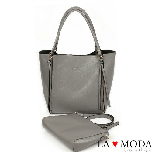 La Moda 品牌專屬系列 - 超大子母拉鍊造型款托特包（灰）