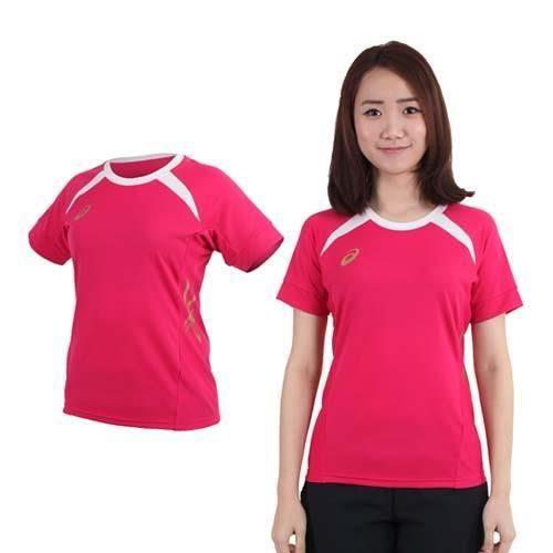 【ASICS】女排球練習短袖T恤- 羽毛球 健身 休閒 亞瑟士 桃紅白