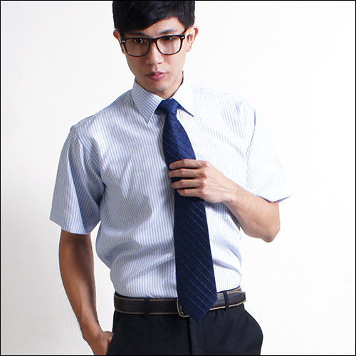 [H&G]MINGSHU上班族簡約商務短袖襯衫-淺藍細條