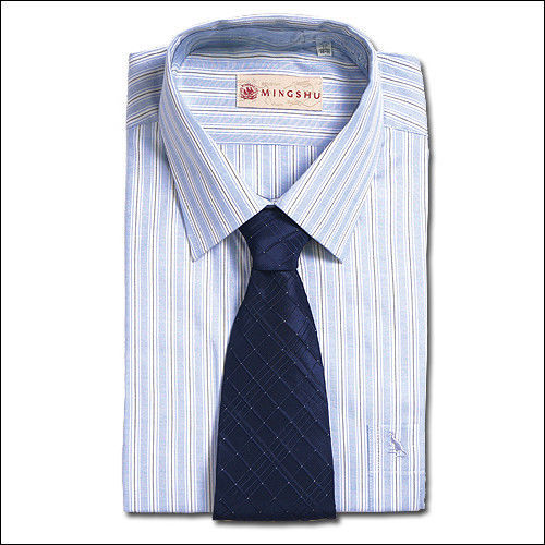 [H&G]MINGSHU上班族簡約商務長袖襯衫-淺藍直條