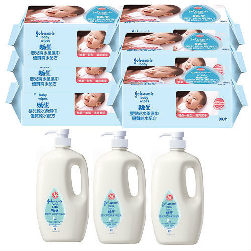 嬌生嬰兒純水柔濕巾(一般型)90片(6包)+牛奶純米沐浴乳1000ml(3入)