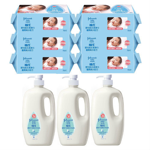 嬌生嬰兒純水柔濕巾(加厚型)70片(6包)+牛奶純米沐浴乳1000ml(3入)