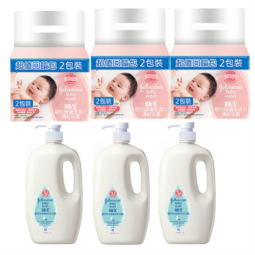 嬌生嬰兒 護膚柔濕巾-經典香80片(2包x3入)+牛奶純米沐浴乳1000ml(3入)