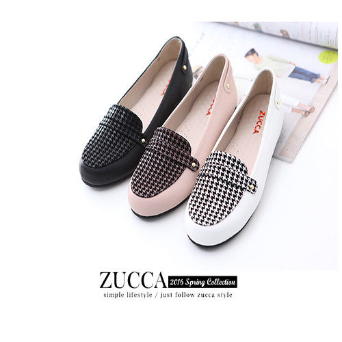 ZUCCA【Z5908】日系菱格斑紋平底鞋-黑色/白色/粉色