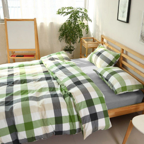【R.Q.POLO】綠灰格 水洗棉系列-雙人加大薄被套床包四件組(6X6.2尺)