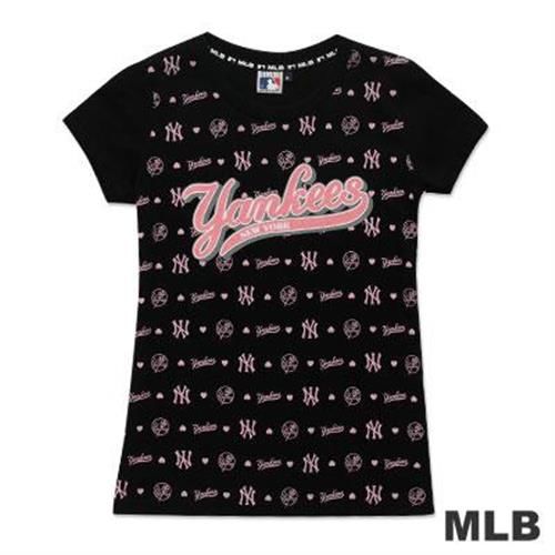MLB-紐約洋基隊滿版LOGO印花T恤-黑(女)