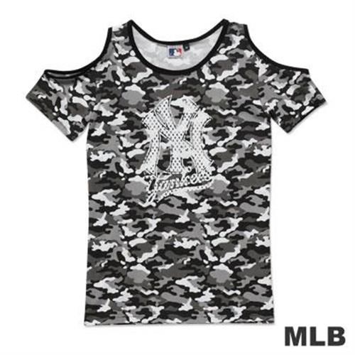 MLB-紐約洋基隊迷彩露肩植絨T恤-灰(女)