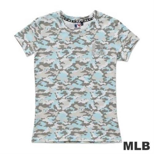 MLB-紐約洋基隊滿版迷彩圓領愛心燙銀印花T恤-淺藍(女)