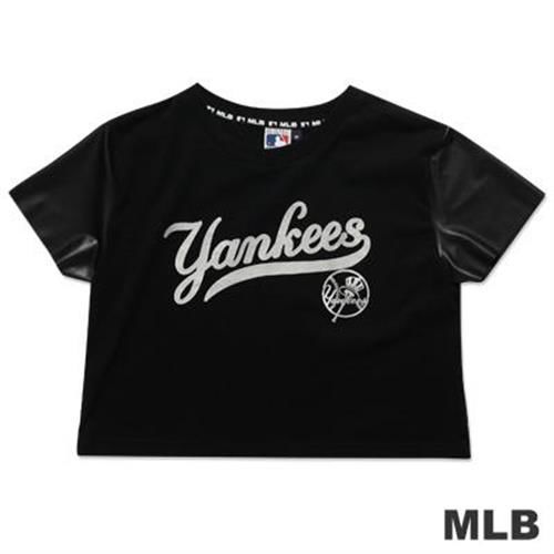 MLB-紐約洋基隊短版皮袖印花T恤-黑(女)