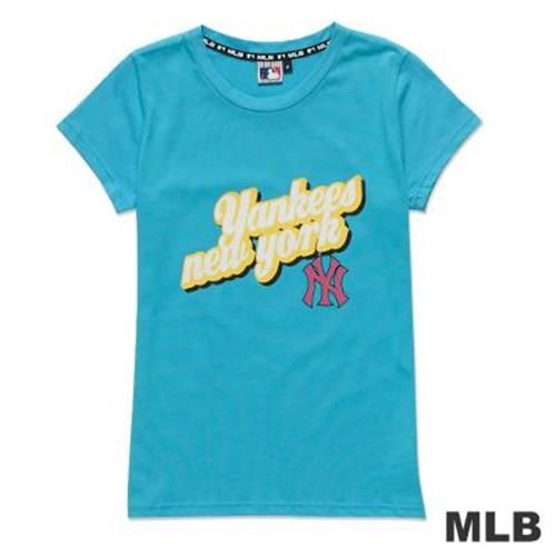 MLB-紐約洋基隊立體文字純棉短袖T恤-淺藍(女)