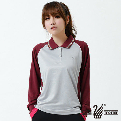 【遊遍天下】MIT台灣製女款配色抗UV吸濕排汗機能POLO長衫(灰紅)