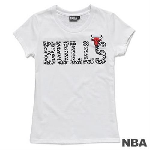 NBA-芝加哥公牛隊豹紋繡印T恤-白(女)