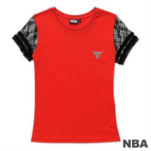 NBA-芝加哥公牛隊圓領蕾絲袖拼接T恤-紅(女)