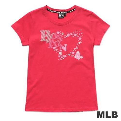 MLB-波士頓紅襪隊晶鑽愛心造型短袖T恤-深粉紅(女)