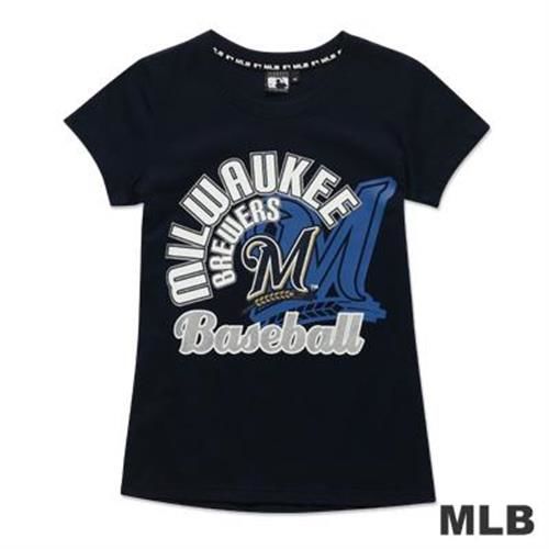 MLB-密爾瓦基釀酒人隊雙LOGO疊印短袖T恤-深藍(女)
