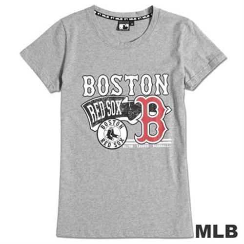 MLB-波士頓紅襪隊斑駁印花百搭T恤-麻灰(女)
