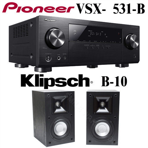 【Pioneer+Klipsch】5.1聲道 AV環繞擴大機+輕巧書架型喇叭(VSX-531-B+B-10)