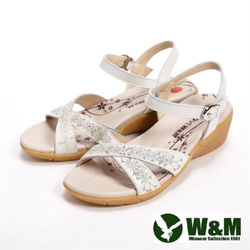 【W&M】雕花交錯設計扣環式女鞋中跟涼鞋-白(另有粉)