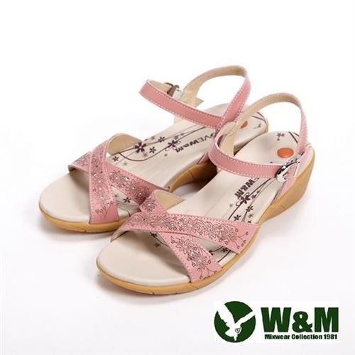 【W&M】雕花交錯設計扣環式女鞋中跟涼鞋-粉(另有白)