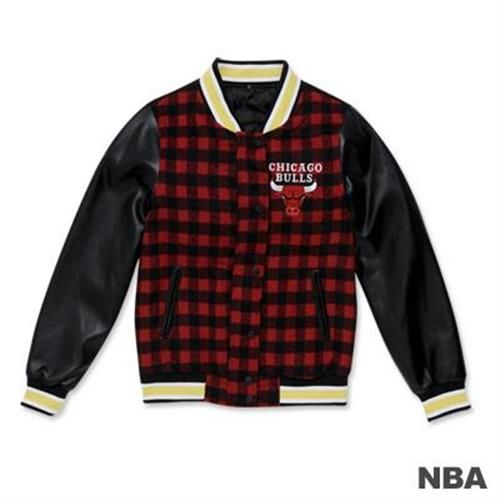 NBA-芝加哥公牛隊棋盤格紋拼接毛料皮袖棒球外套-紅色(女)