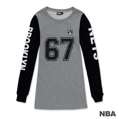 NBA-布魯克林籃網隊印花圓領數字拼接袖長版T恤-麻灰色(女)