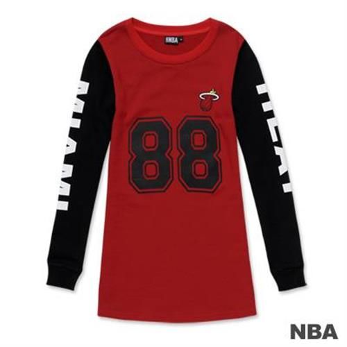 NBA-邁阿密熱火隊印花圓領數字拼接袖長版T恤-深紅色(女)