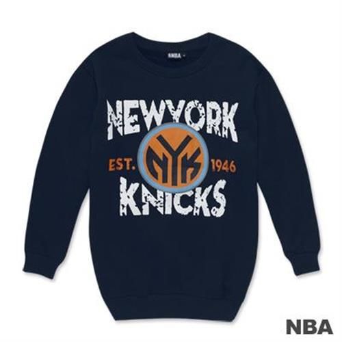 NBA-紐約尼克隊斑駁圖樣印花圓領寬版T恤-深藍色(女)