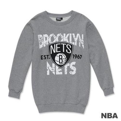 NBA-布魯克林籃網隊斑駁圖樣印花圓領寬版T恤-麻灰色(女)