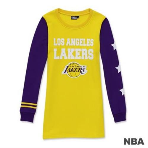 NBA-洛杉磯湖人隊印花圓領星星拼接袖長版T恤-黃色(女)