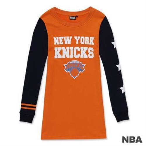NBA-紐約尼克隊印花圓領星星拼接袖長版T恤-桔色(女)