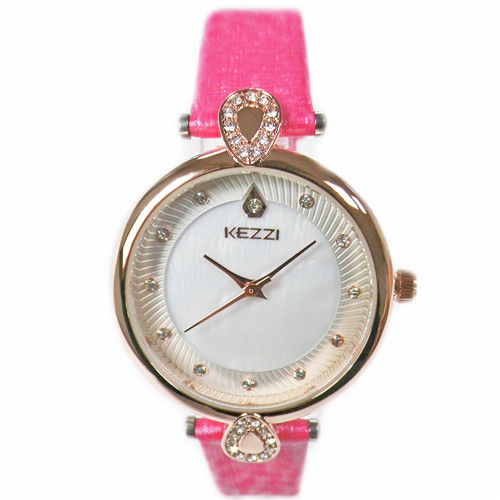 【KEZZI】水滴晶鑽皮質錶帶圓形女錶(桃紅色)