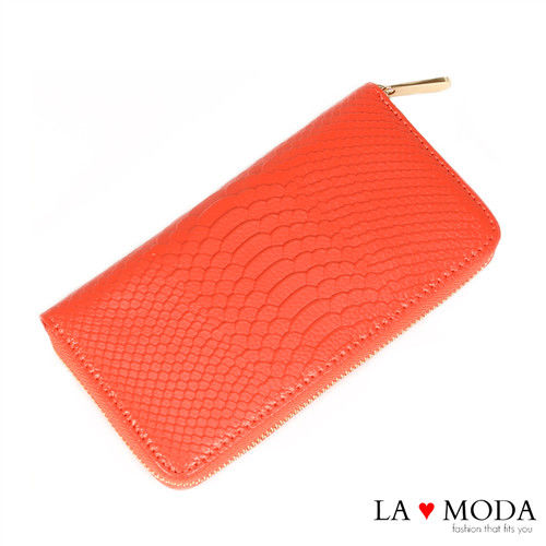 La Moda 獨家訂製真皮牛皮鱷魚紋壓紋大容量拉鍊手機包長夾 (粉)