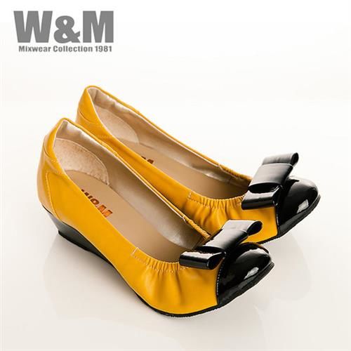W&M 真皮漆皮蝴蝶結船型鞋楔型女鞋-黃(另有黑)