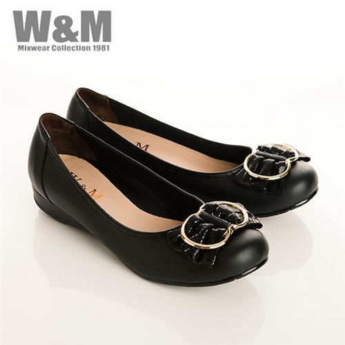W&M 真皮立體蝴蝶結包頭低跟女鞋-黑