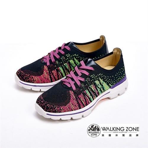 【WALKING ZONE】飛線氣墊慢跑鞋 彩虹針織運動鞋 情侶鞋(女款)-紫(另有藍)