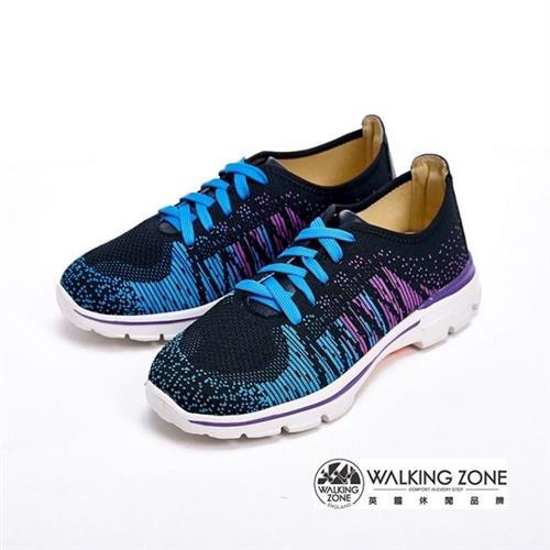 【WALKING ZONE】飛線氣墊慢跑鞋 彩虹針織運動鞋 情侶鞋(女款)-藍(另有紫)