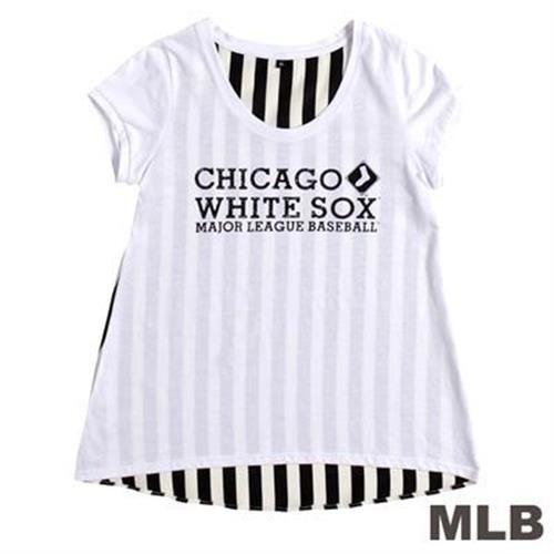 MLB-芝加哥白襪隊前短後長條紋T恤-白(女)