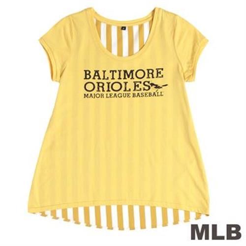 MLB-巴爾的摩金鶯隊前短後長條紋T恤-黃(女)