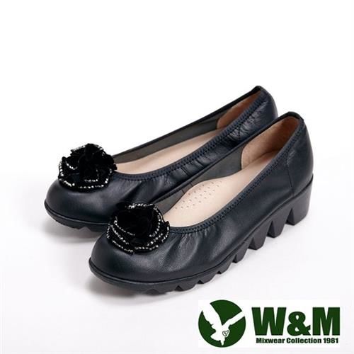 【W&M】真皮貼鑽花朵氣墊厚底休閒女鞋-黑(另有藍)