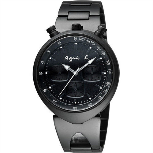 【agnes b.】惡魔雙耳造型三眼計時腕錶-黑 (VD55-KS00SD/BX9002X1)