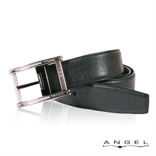 ANGEL精選型男休閒皮帶(極黑線條壓紋)B2701-5