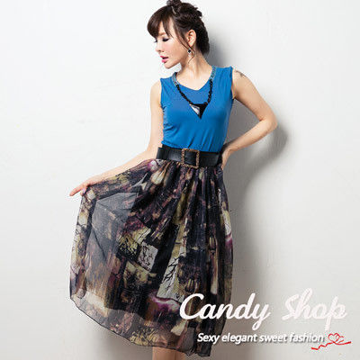 Candy小舖 新品特色款兩件式短T圖案設計長裙 - 藍色