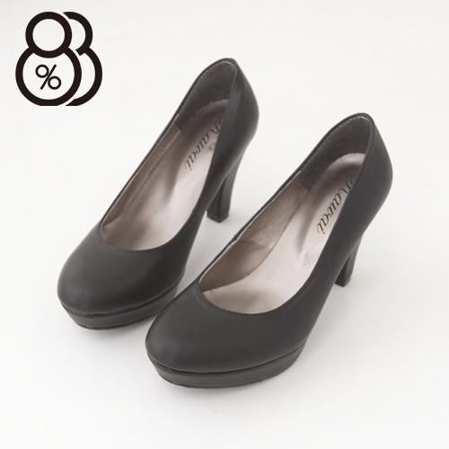 【88%】台灣製專櫃款時尚OL舒適好穿素面淺口厚底9CM高跟鞋(黑皮)